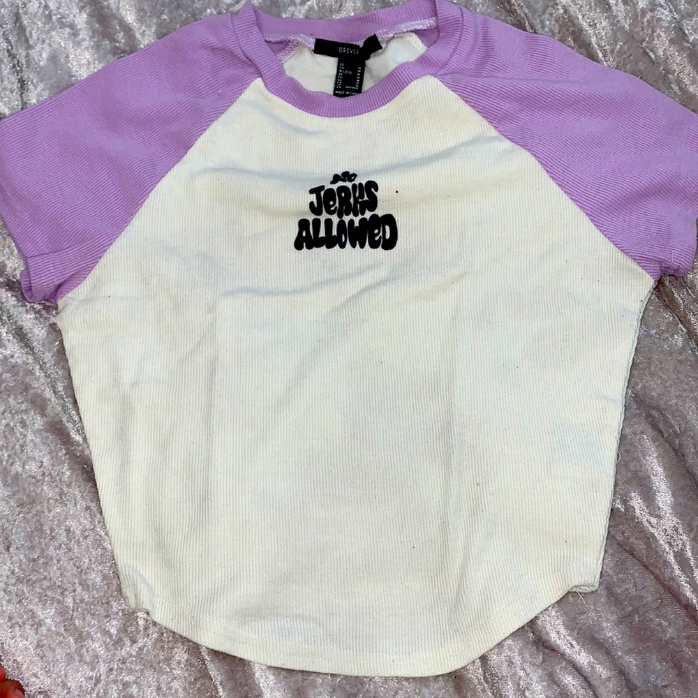 Forever 21 blue and purple no jerks allowed graphic crop tee